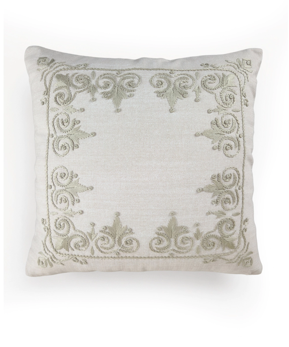 Light Beige Rajwarah Hand Embroidered Cushion Cover (16x16 Inches)