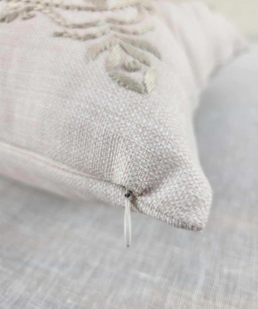 Light Beige Rajwarah Hand Embroidered Cushion Cover (16x16 Inches)