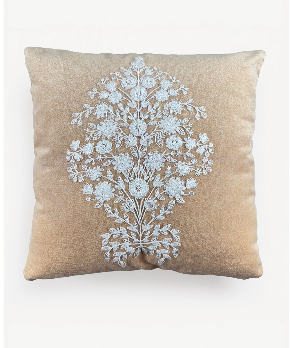 Coral Suede Ecru Dori Embroidered Cushion Cover (16x16 Inches)