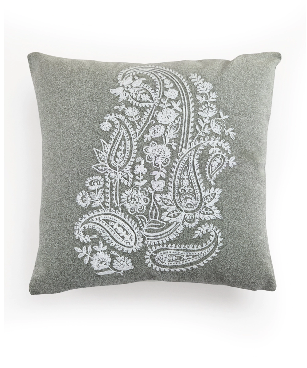 Greenish Grey Ecru Dori Paisley Embroidered Suede Cushion Cover (16x16 Inches)