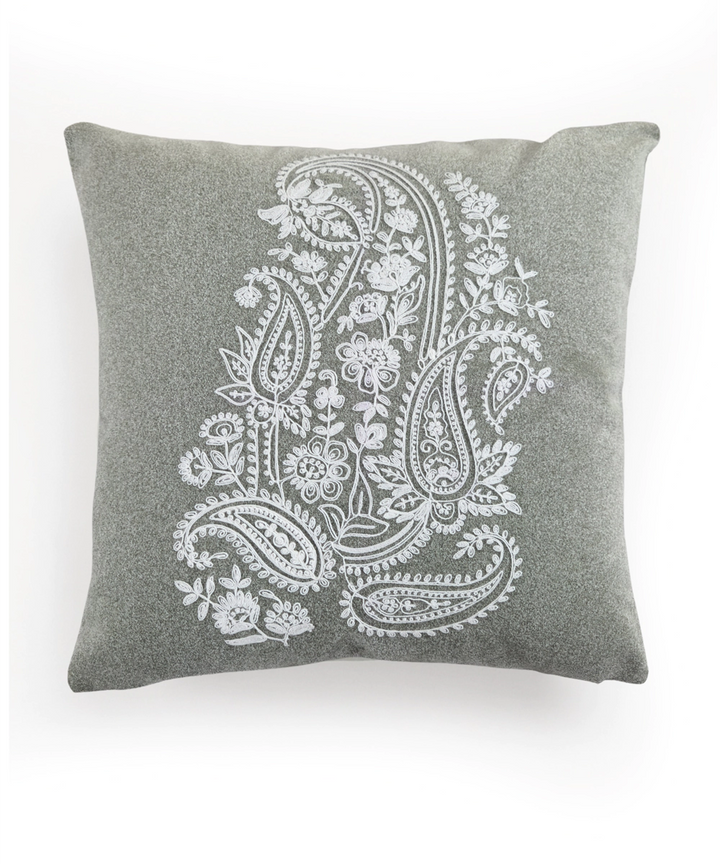 Greenish Grey Ecru Dori Paisley Embroidered Suede Cushion Cover (16x16 Inches)