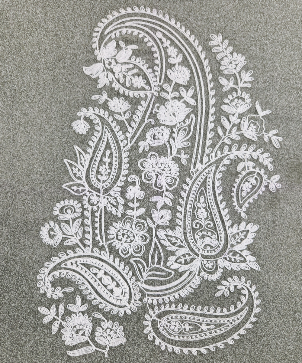 Greenish Grey Ecru Dori Paisley Embroidered Suede Cushion Cover (16x16 Inches)