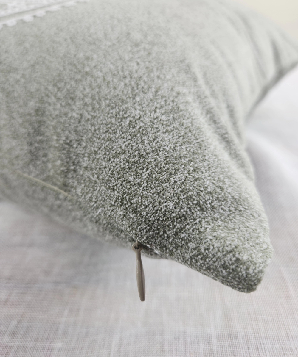 Greenish Grey Ecru Dori Paisley Embroidered Suede Cushion Cover (16x16 Inches)