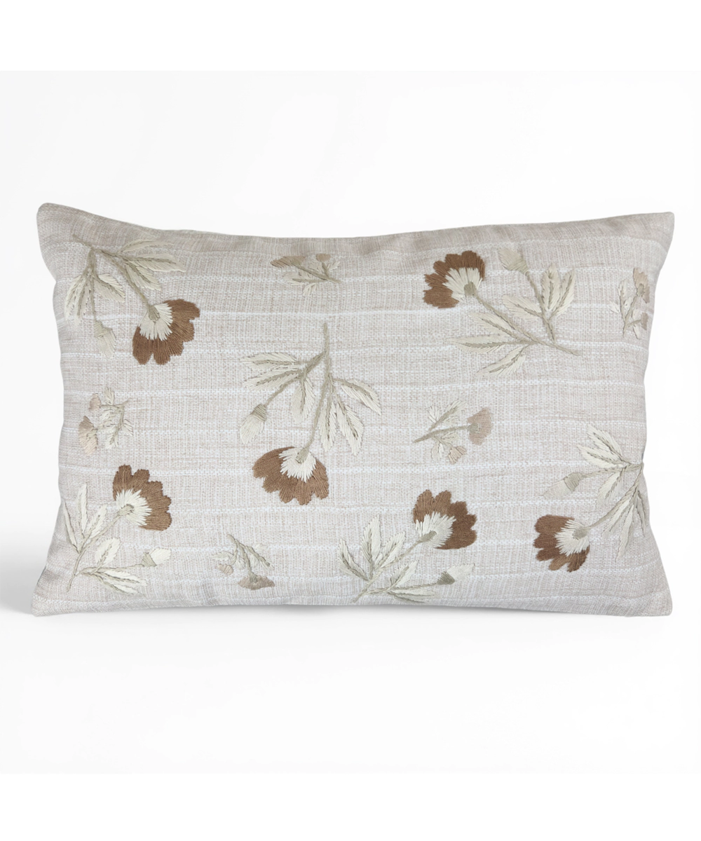 Light Beige & Brown Floral Whisper Hand Embroidered Cushion Cover (12x18 Inches)