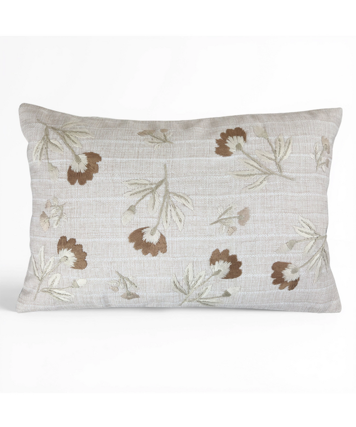 Light Beige & Brown Floral Whisper Hand Embroidered Cushion Cover (12x18 Inches)