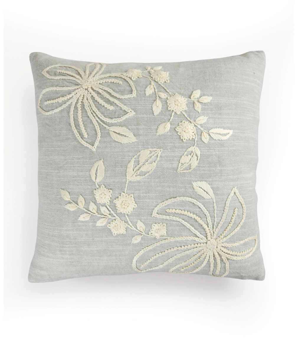 Slate Blue Cotton Slub Hand Embroidered Cushion Cover (16x16 Inches)