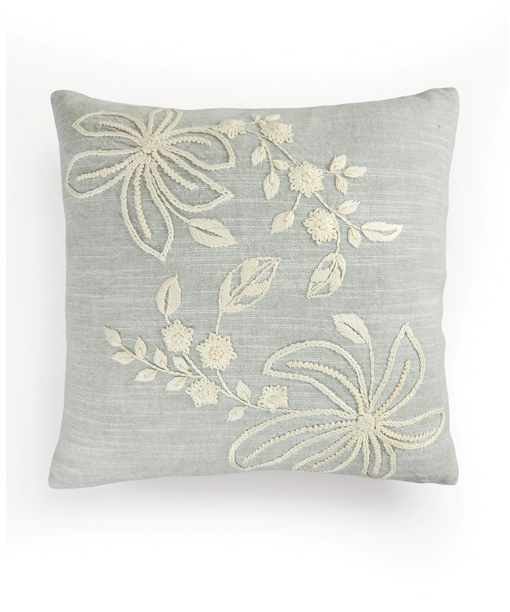 Slate Blue Cotton Slub Hand Embroidered Cushion Cover (16x16 Inches)