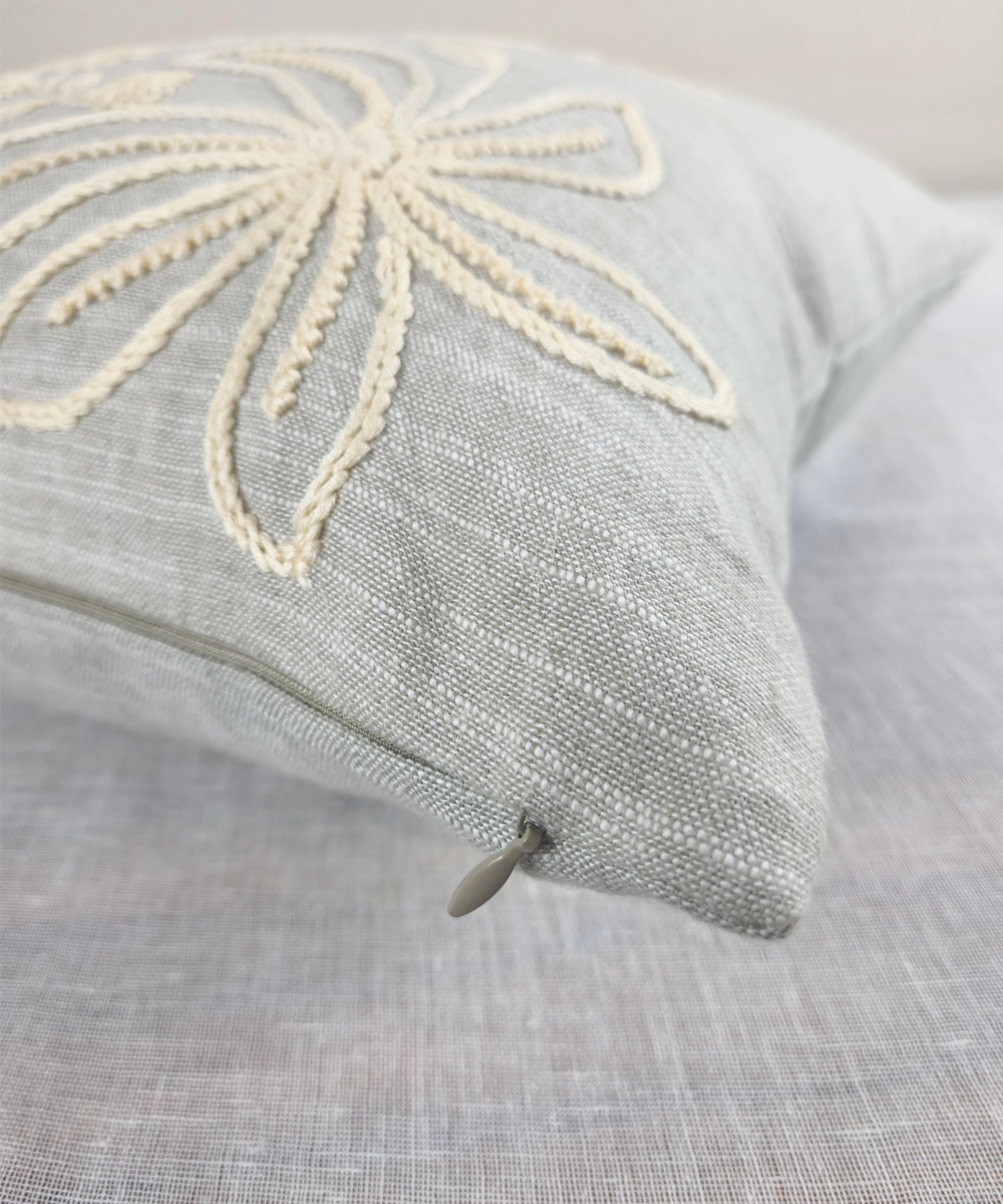 Slate Blue Cotton Slub Hand Embroidered Cushion Cover (16x16 Inches)