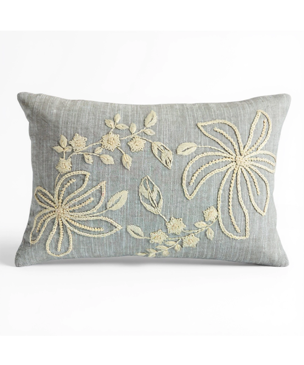 Slate Blue Floral Cotton Slub Embroidered Cushion Cover (12x18 Inches)