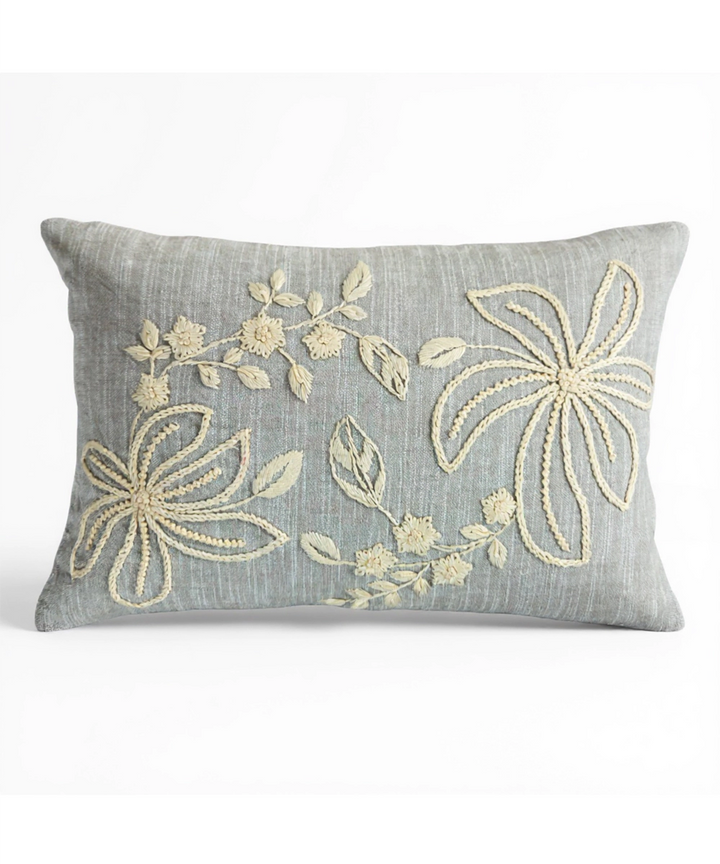 Slate Blue Cotton Slub Hand Embroidered Cushion Cover (12x18 Inches)