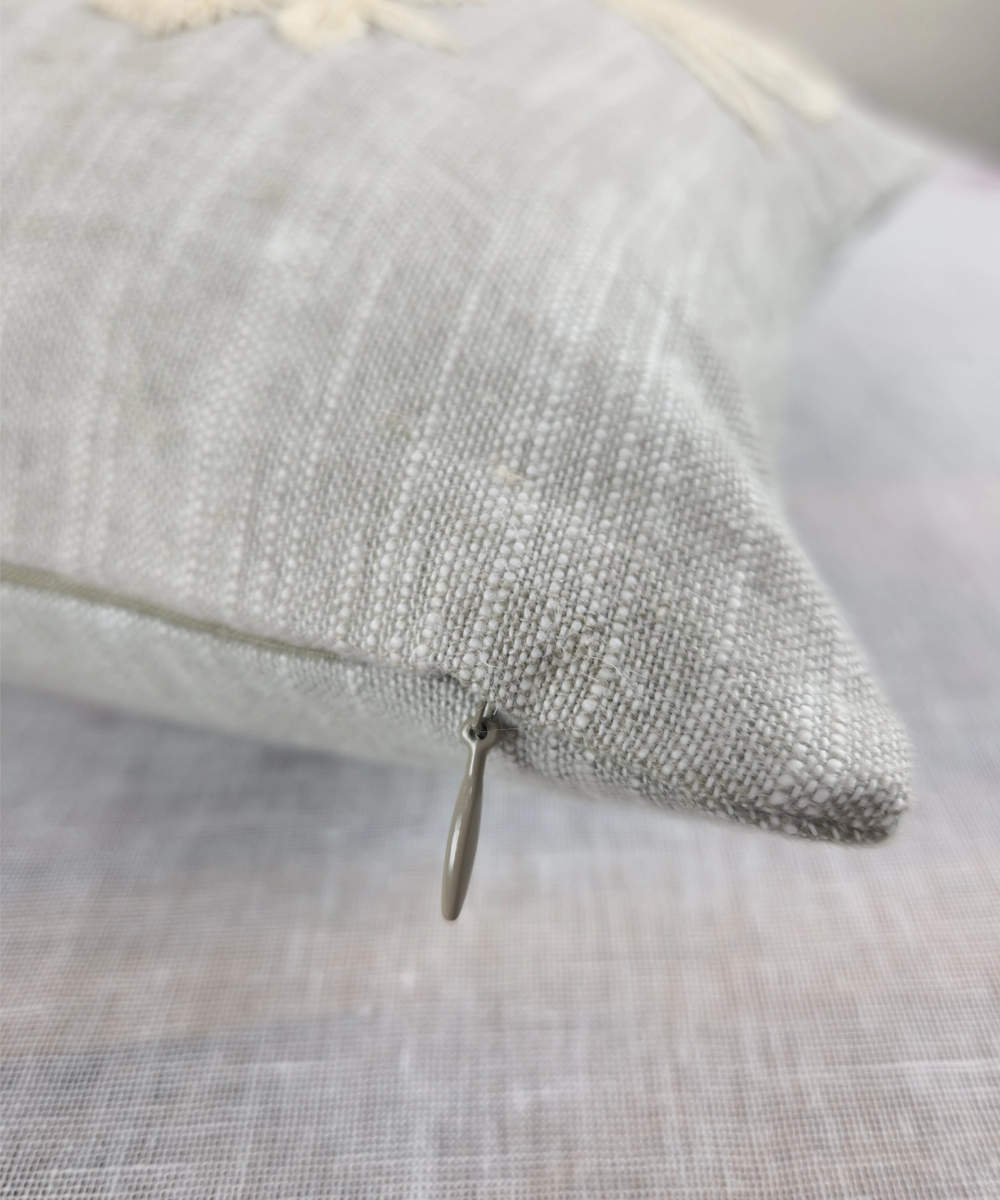 Slate Blue Floral Cotton Slub Embroidered Cushion Cover (12x18 Inches)