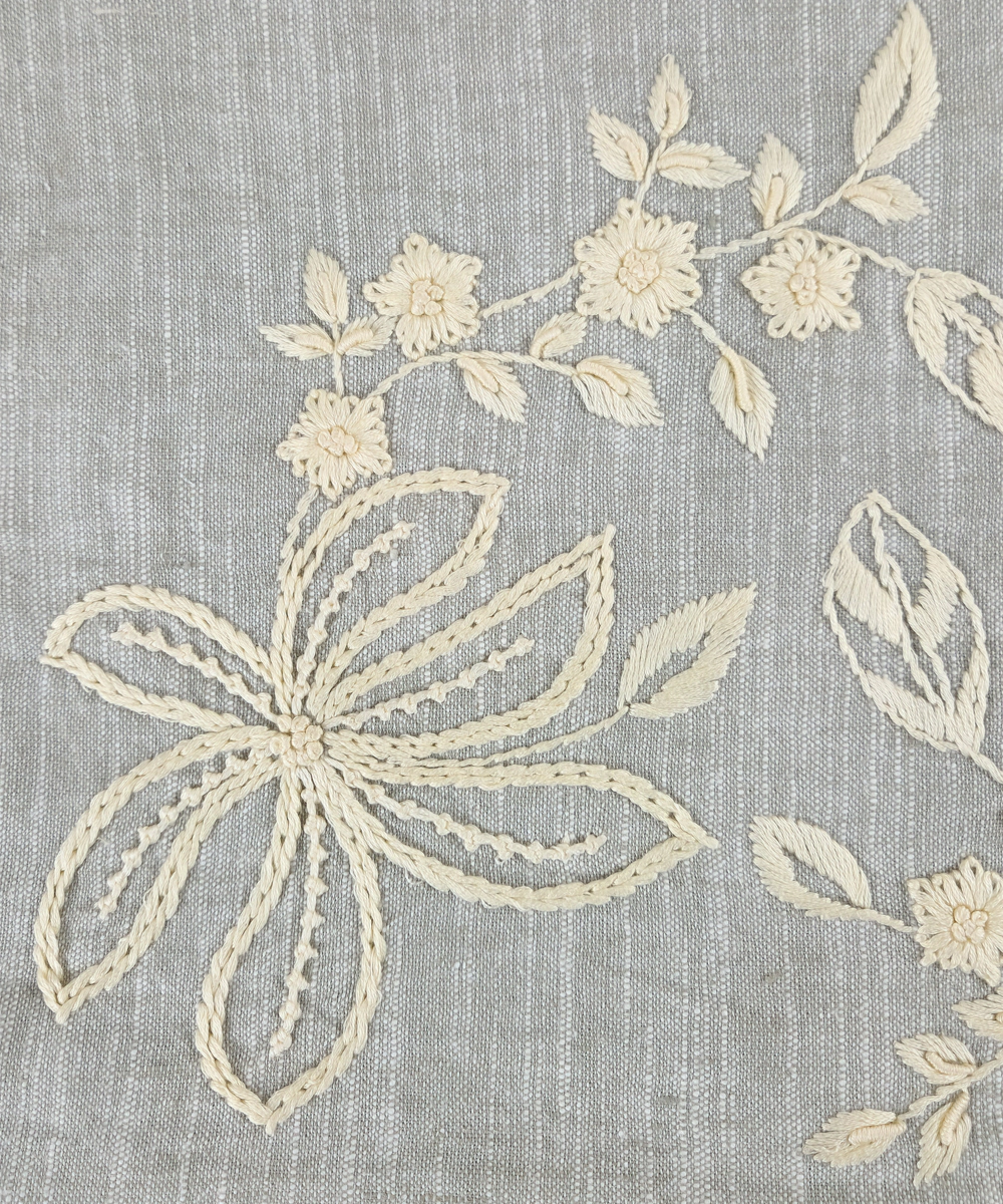 Slate Blue Floral Cotton Slub Embroidered Cushion Cover (12x18 Inches)