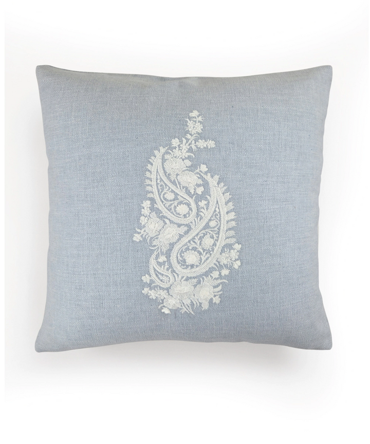 Powder Blue Ecru Double Paisley Embroidered Herringbone Cotton Cushion Cover (16x16 Inches)