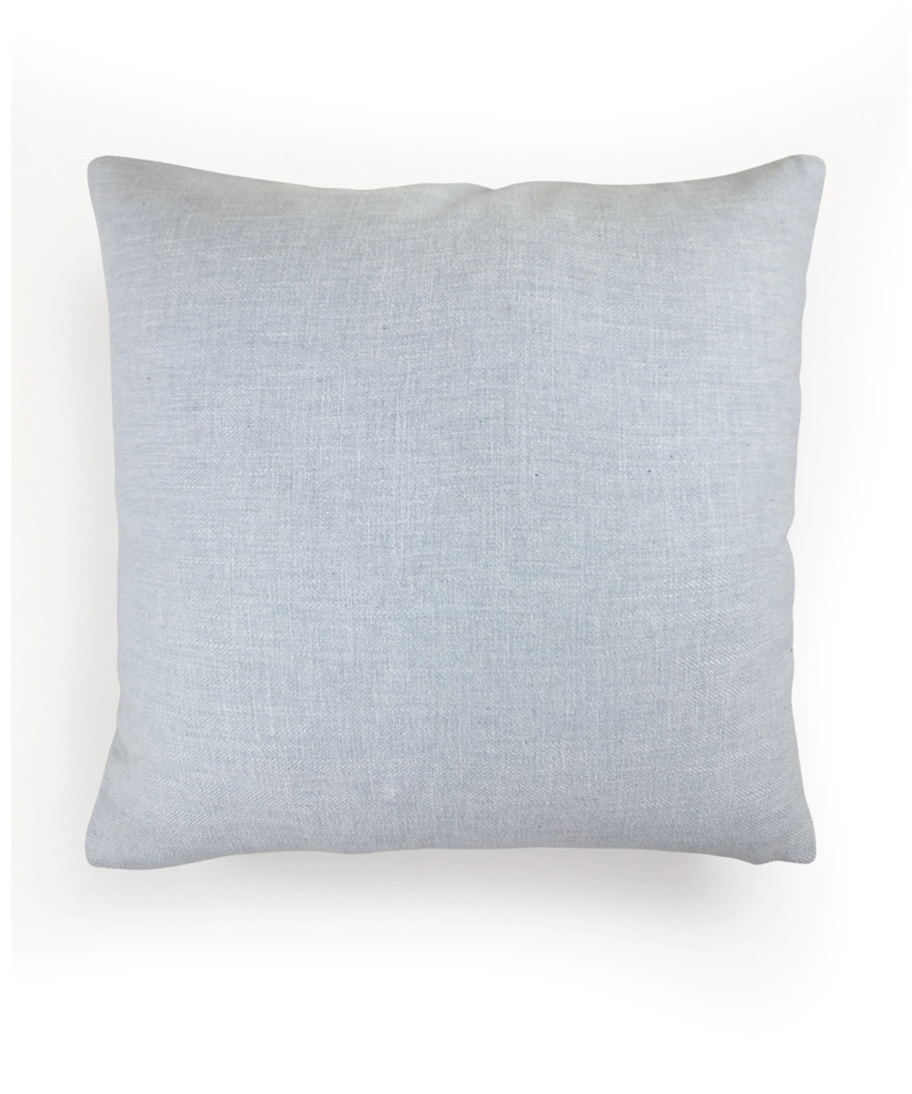 Powder Blue Ecru Double Paisley Embroidered Herringbone Cotton Cushion Cover (16x16 Inches)