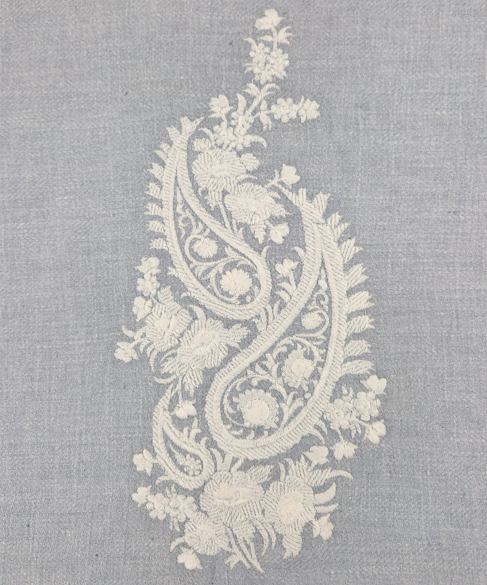 Powder Blue Ecru Double Paisley Embroidered Herringbone Cotton Cushion Cover (16x16 Inches)