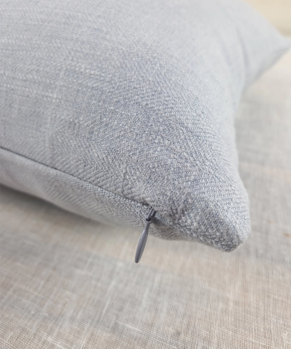 Powder Blue Ecru Double Paisley Embroidered Herringbone Cotton Cushion Cover (16x16 Inches)