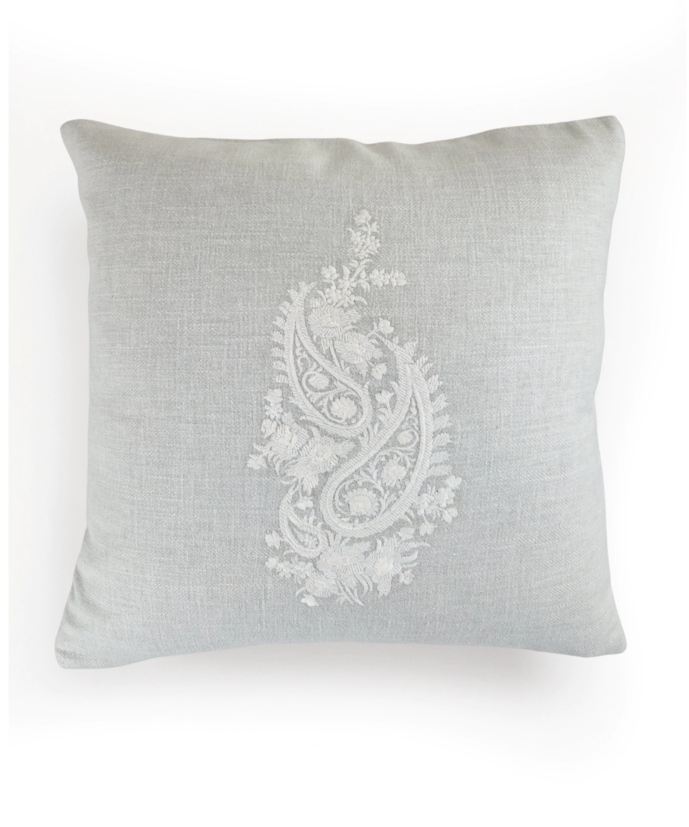 Light Beige Ecru Double Paisley Embroidered Herringbone Cotton Cushion Cover (16x16 Inches)