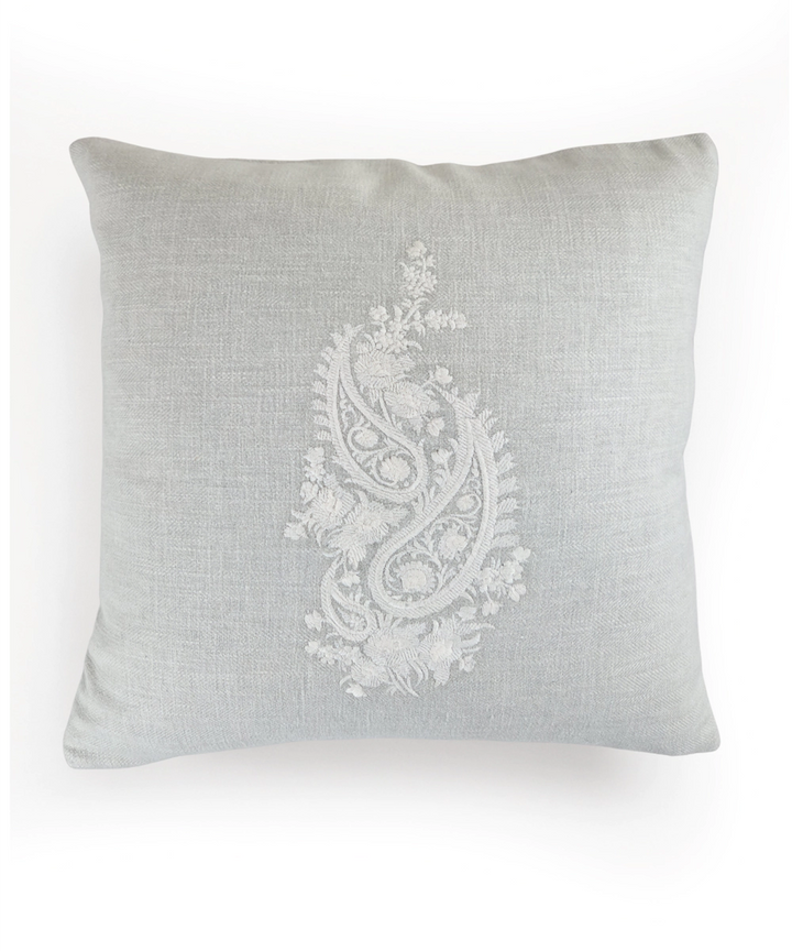 Light Beige Ecru Double Paisley Embroidered Herringbone Cotton Cushion Cover (16x16 Inches)