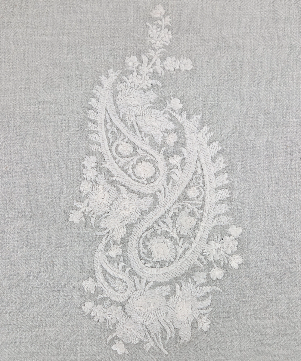 Light Beige Ecru Double Paisley Embroidered Herringbone Cotton Cushion Cover (16x16 Inches)