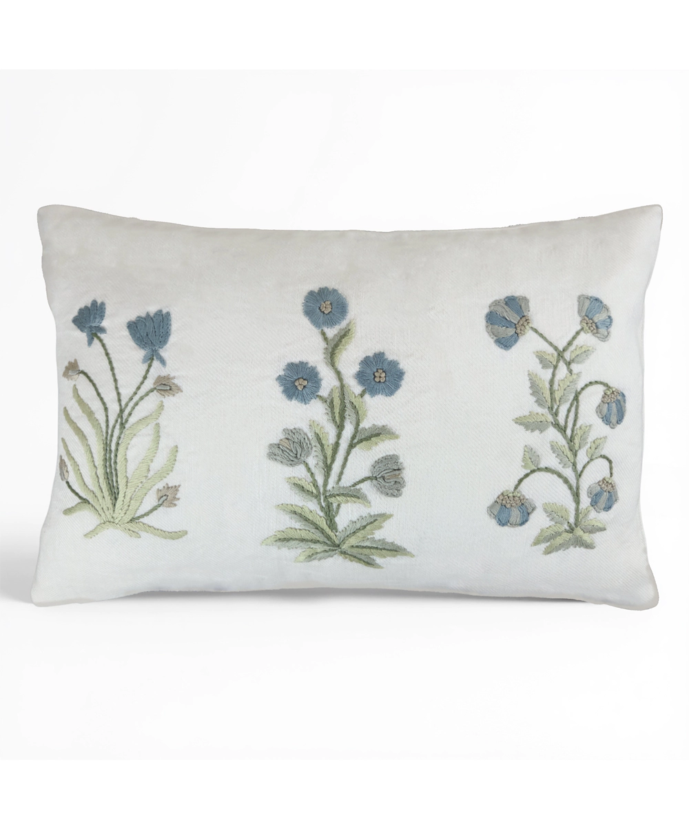 Off White & Blue Floral Hand Embroidered Cushion Cover (12x18 Inches)