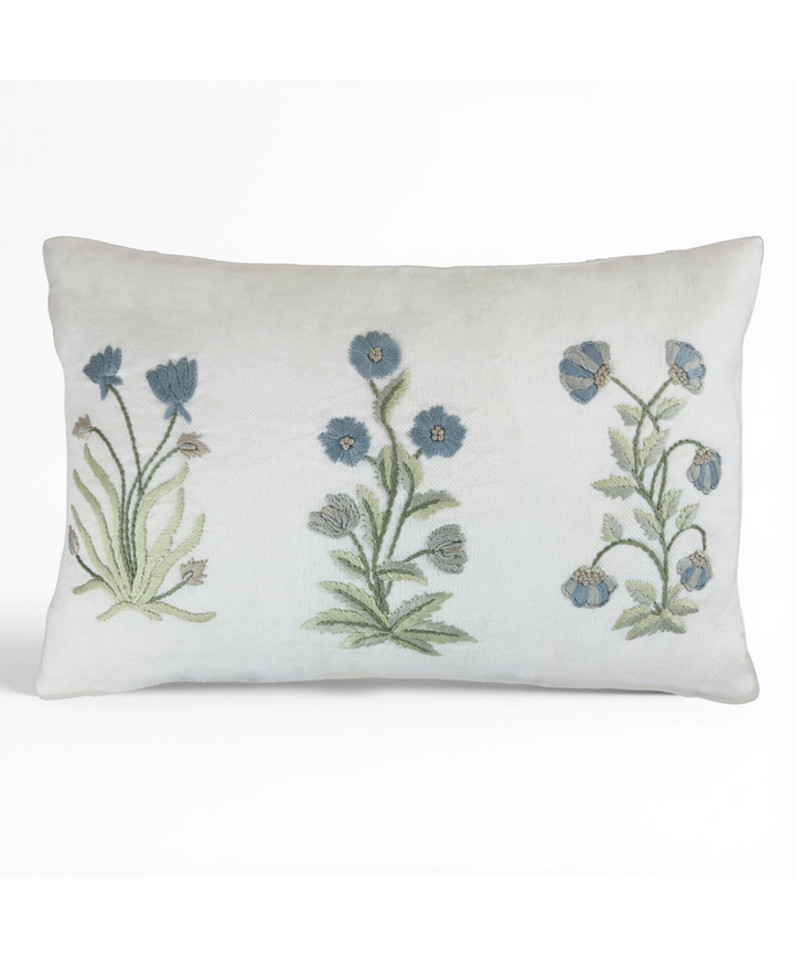 Off White & Blue Floral Hand Embroidered Cushion Cover (12x18 Inches)