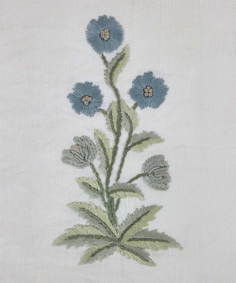 Off White & Blue Floral Hand Embroidered Cushion Cover (12x18 Inches)