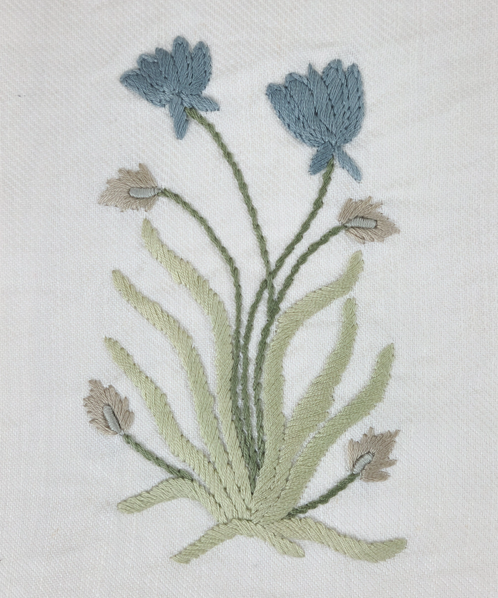 Off White & Blue Floral Hand Embroidered Cushion Cover (12x18 Inches)