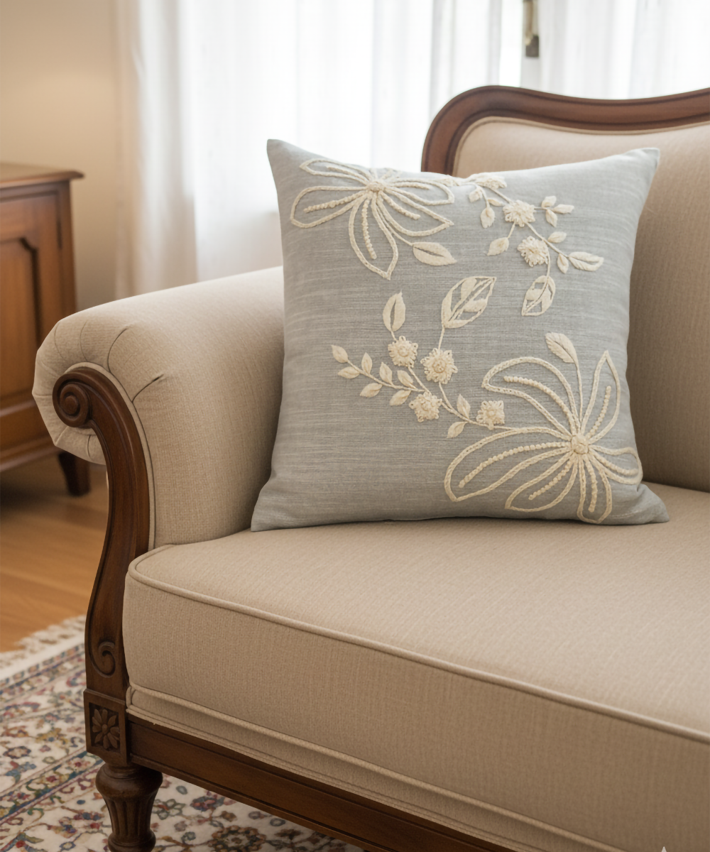 Slate Blue Cotton Slub Hand Embroidered Cushion Cover (16x16 Inches)
