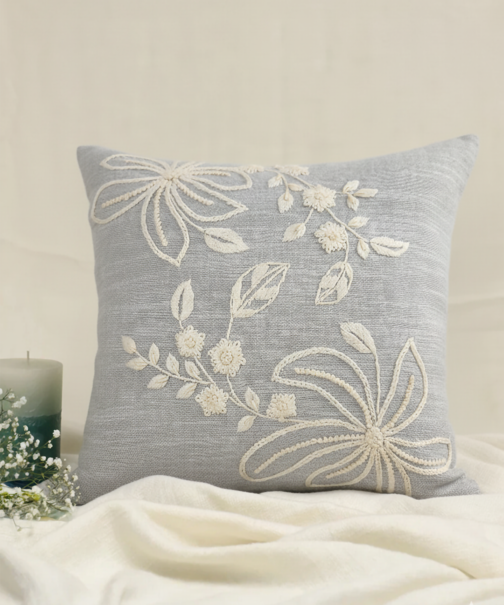 Slate Blue Cotton Slub Hand Embroidered Cushion Cover (16x16 Inches)