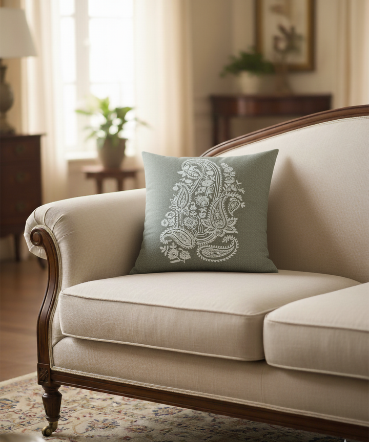 Greenish Grey Ecru Dori Paisley Embroidered Suede Cushion Cover (16x16 Inches)