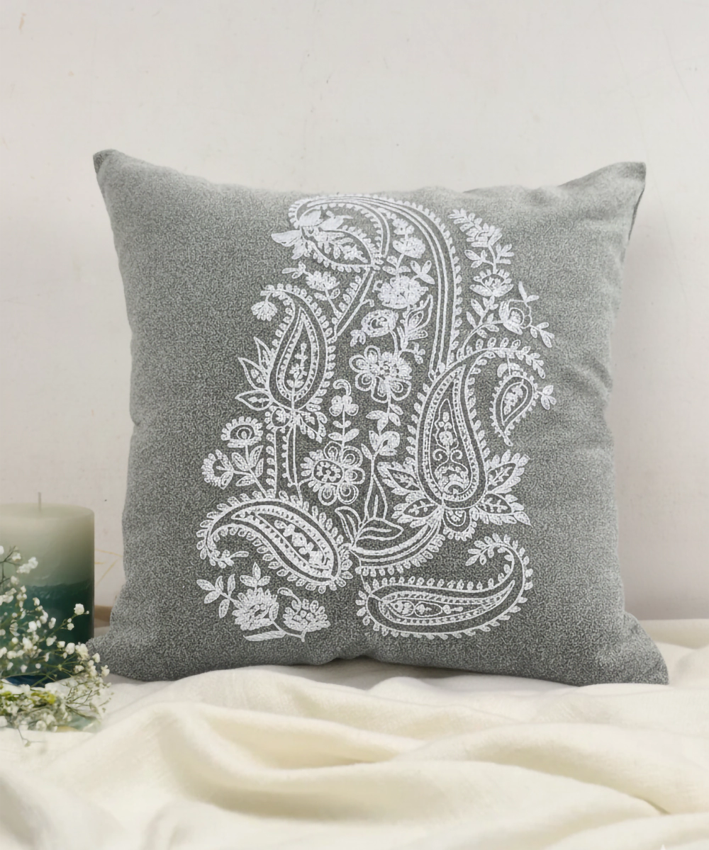 Greenish Grey Ecru Dori Paisley Embroidered Suede Cushion Cover (16x16 Inches)