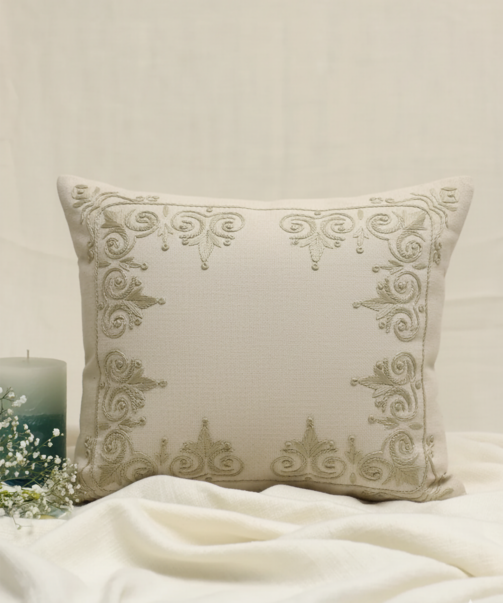 Light Beige Rajwarah Hand Embroidered Cushion Cover (16x16 Inches)