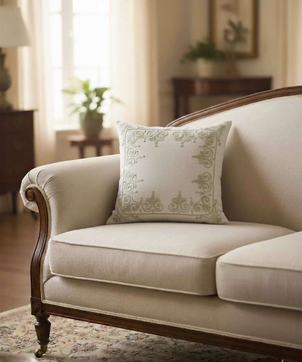 Light Beige Rajwarah Hand Embroidered Cushion Cover (16x16 Inches)