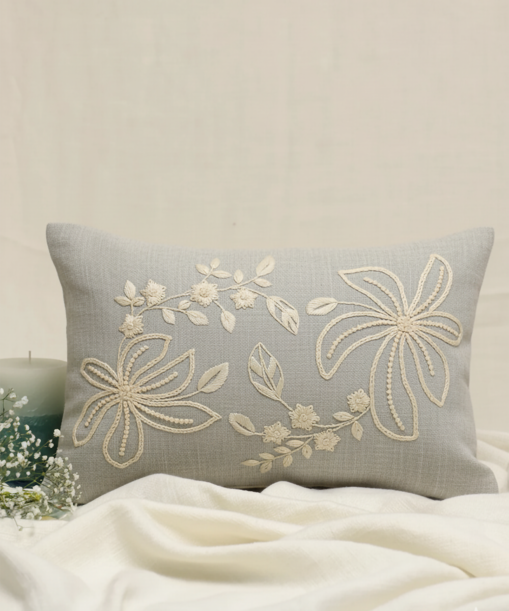Slate Blue Cotton Slub Hand Embroidered Cushion Cover (12x18 Inches)