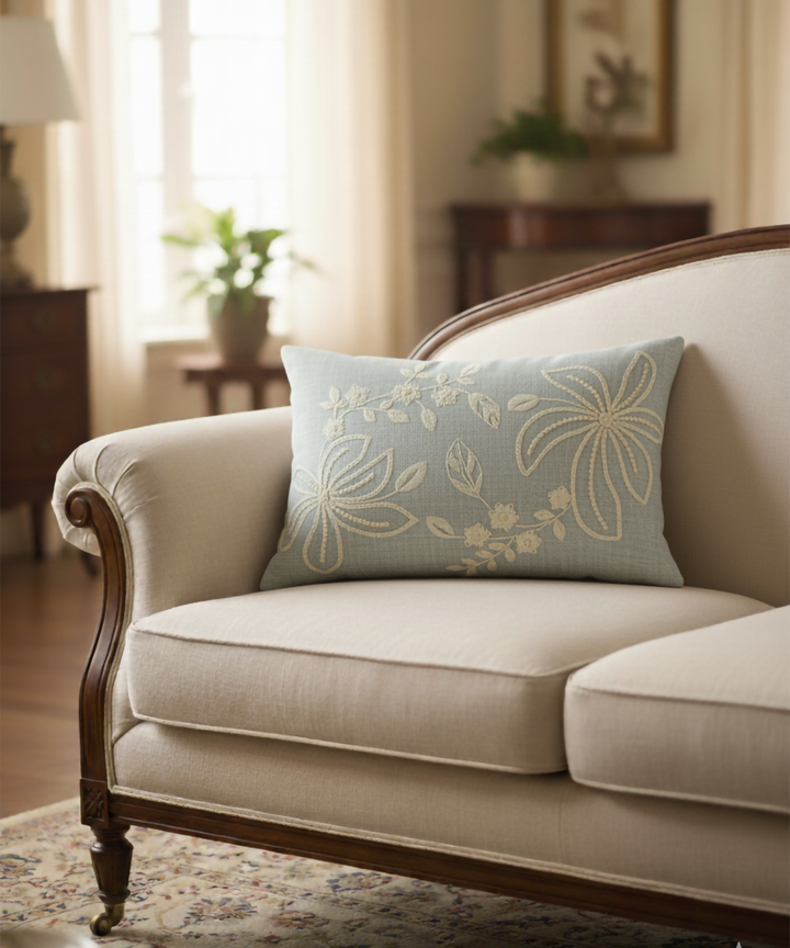 Slate Blue Floral Cotton Slub Embroidered Cushion Cover (12x18 Inches)