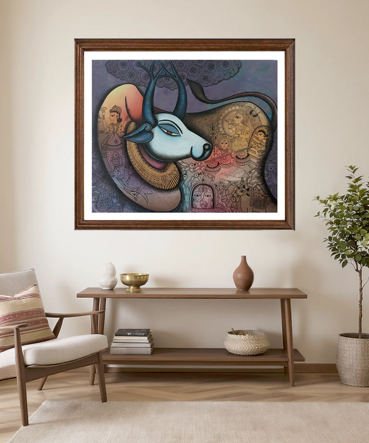 Sacred Bull with Divine Motifs – Acrylic on Canvas Hand Painting Wall Art | 30x36 inches, Unframed |