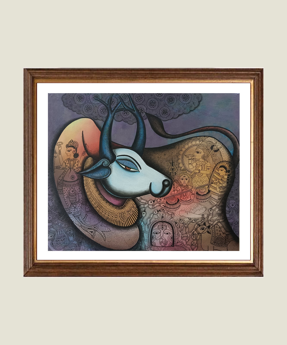 Sacred Bull with Divine Motifs – Acrylic on Canvas Hand Painting Wall Art | 30x36 inches, Unframed |