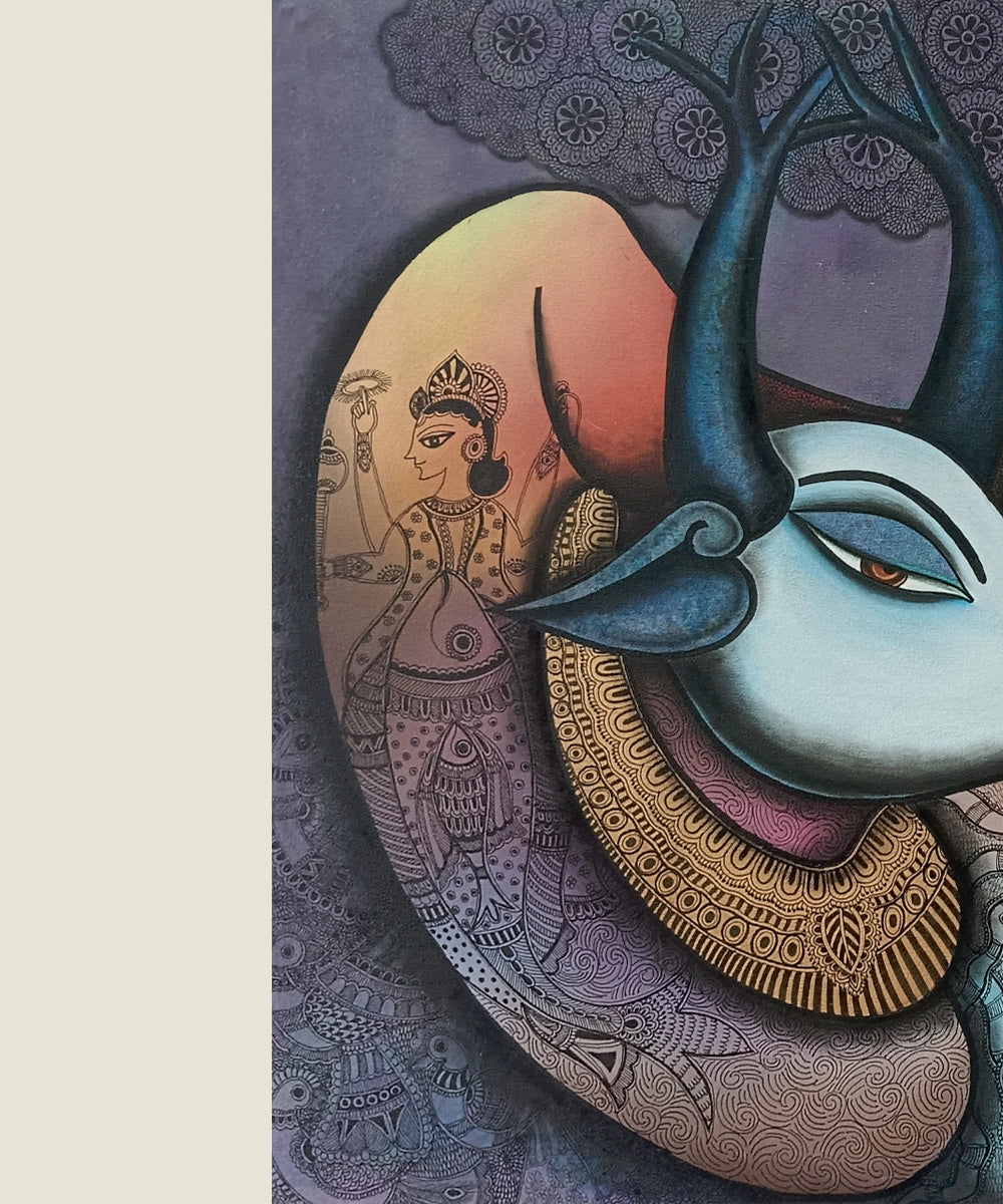 Sacred Bull with Divine Motifs – Acrylic on Canvas Hand Painting Wall Art | 30x36 inches, Unframed |