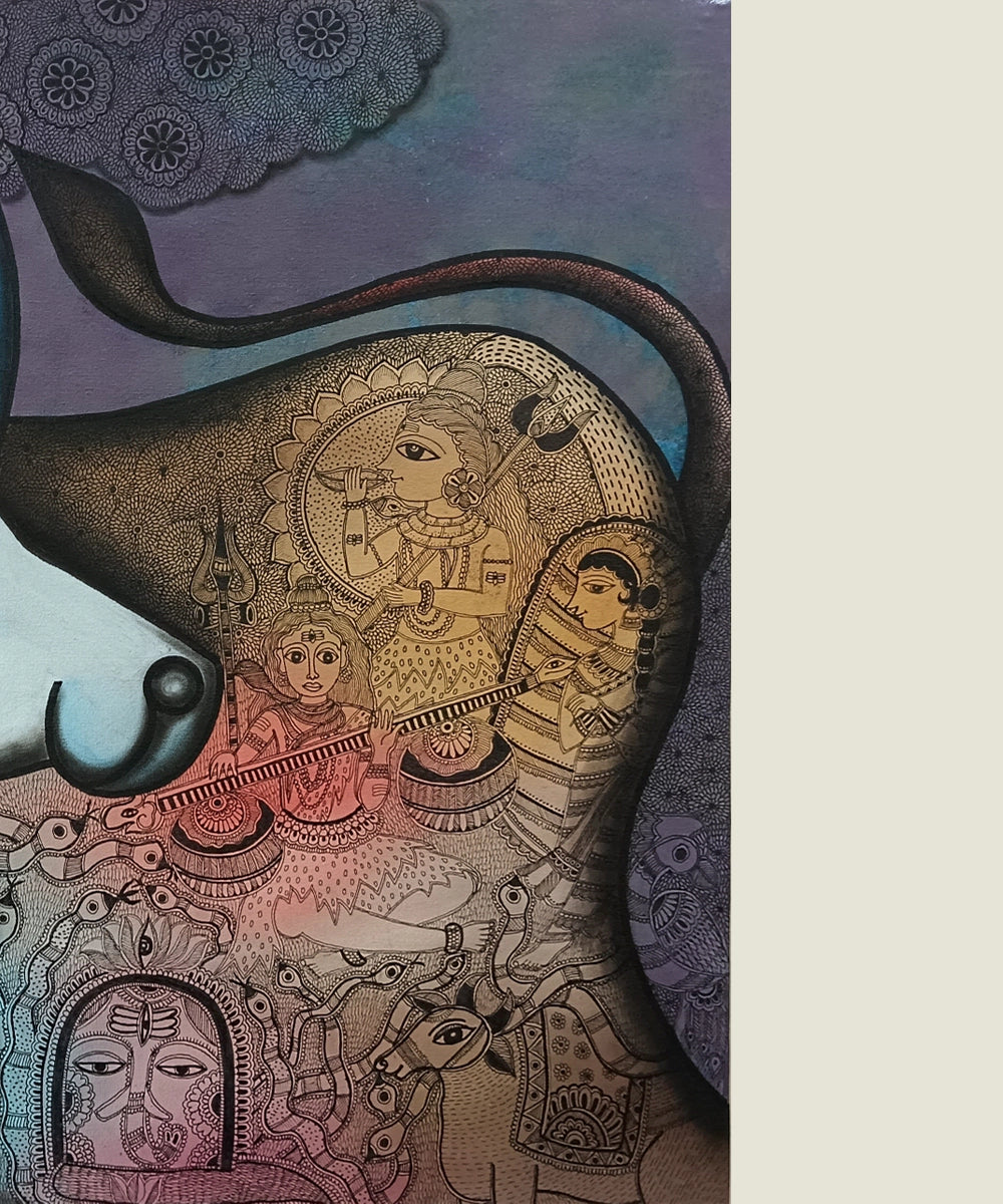 Sacred Bull with Divine Motifs – Acrylic on Canvas Hand Painting Wall Art | 30x36 inches, Unframed |