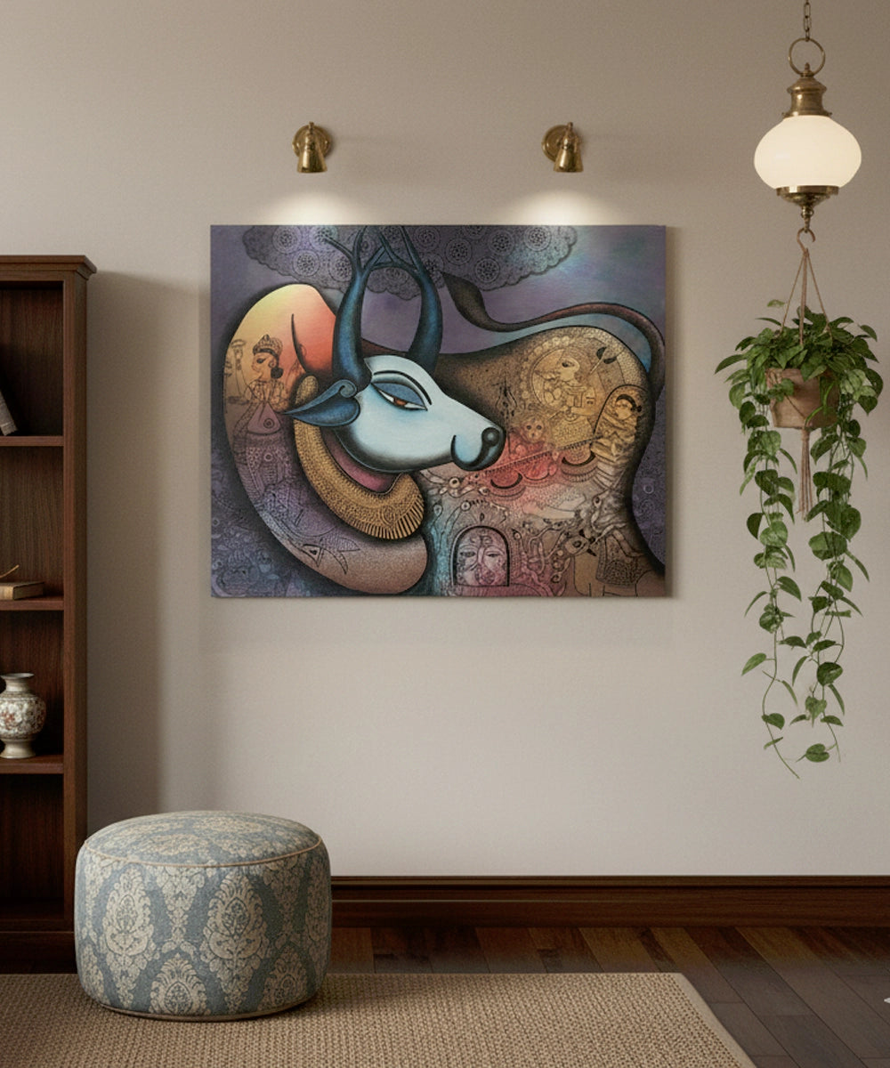 Sacred Bull with Divine Motifs – Acrylic on Canvas Hand Painting Wall Art | 30x36 inches, Unframed |