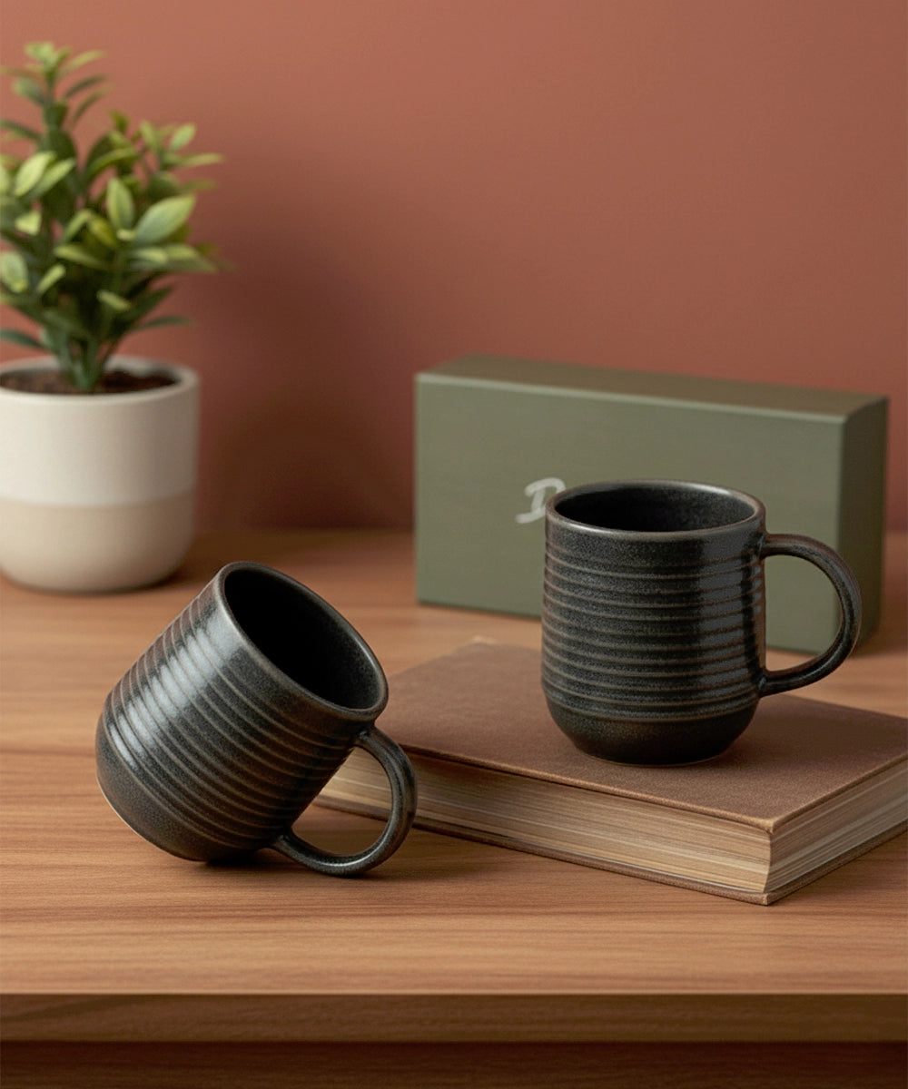 Gift Box Set of 2 Horizontal Ring Charcoal Ceramic Coffee Mug (300 ml)