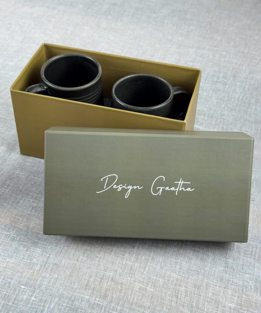 Gift Box Set of 2 Horizontal Ring Charcoal Ceramic Coffee Mug (300 ml)