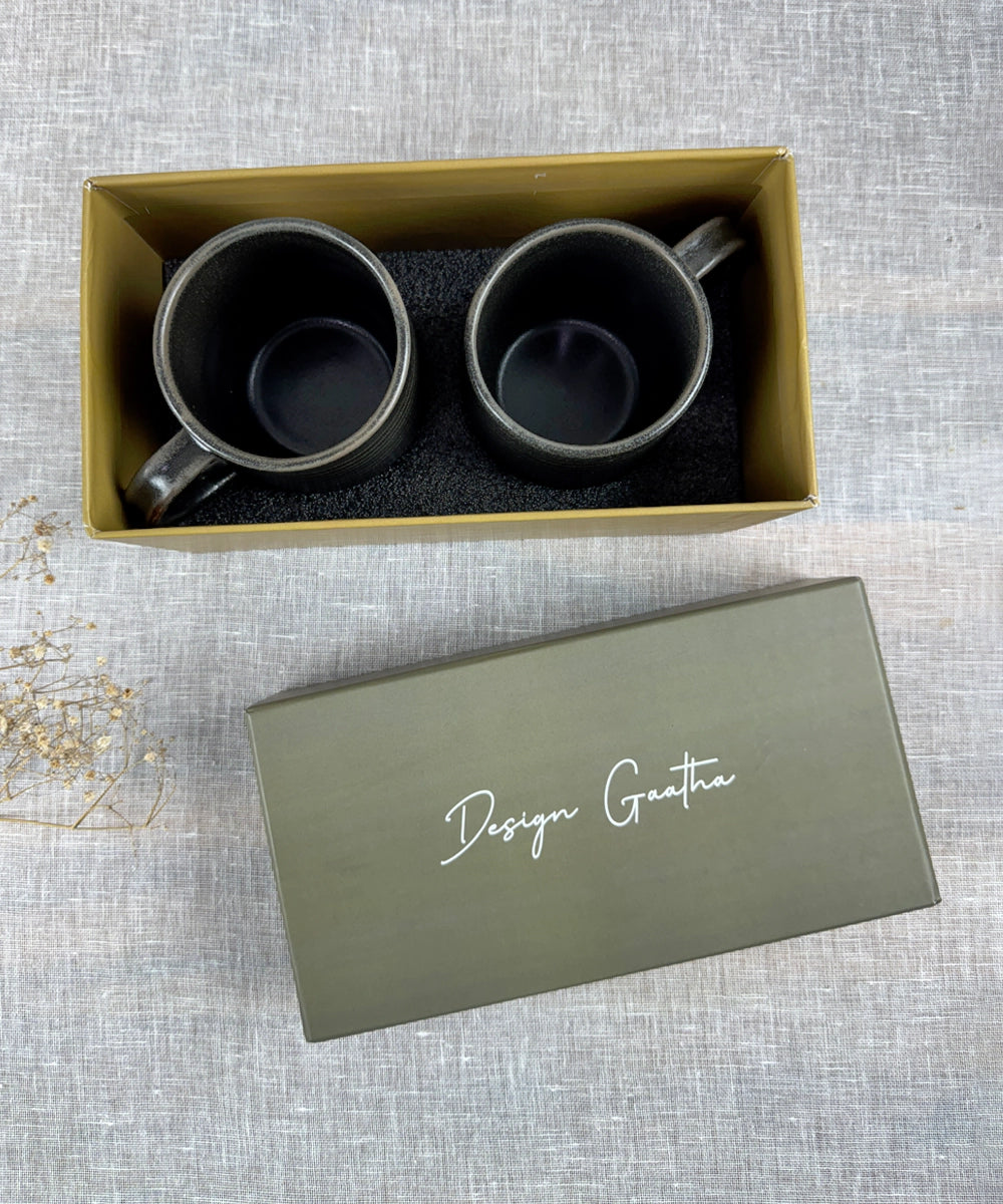 Gift Box Set of 2 Horizontal Ring Charcoal Ceramic Coffee Mug (300 ml)