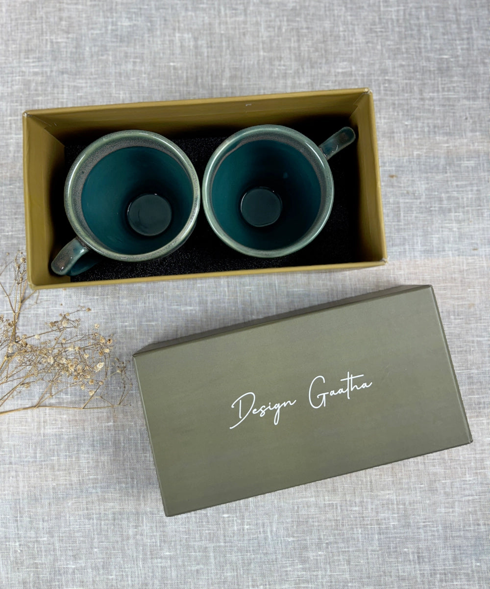 Gift Box Set of 2 Green Streak Ceramic Coffee Mug (240ml)