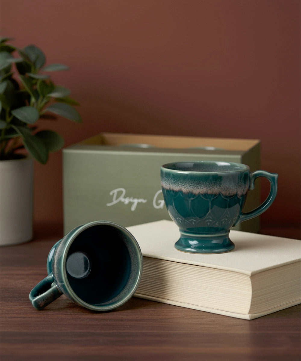 Gift Box Set of 2 Green Streak Ceramic Coffee Mug (240ml)