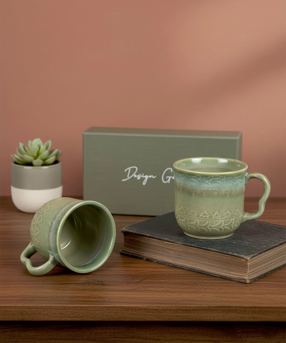 Gift Box Set of 2 Green Ceramic Cup (180 ml)