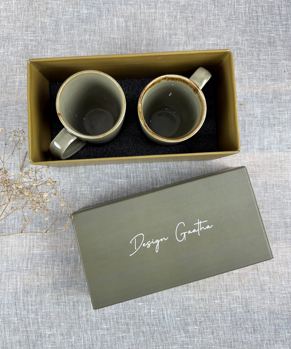 Gift Box Set of 2 Greenish Grey with Amber Tints Ceramic Coffee Mug (300 ml)