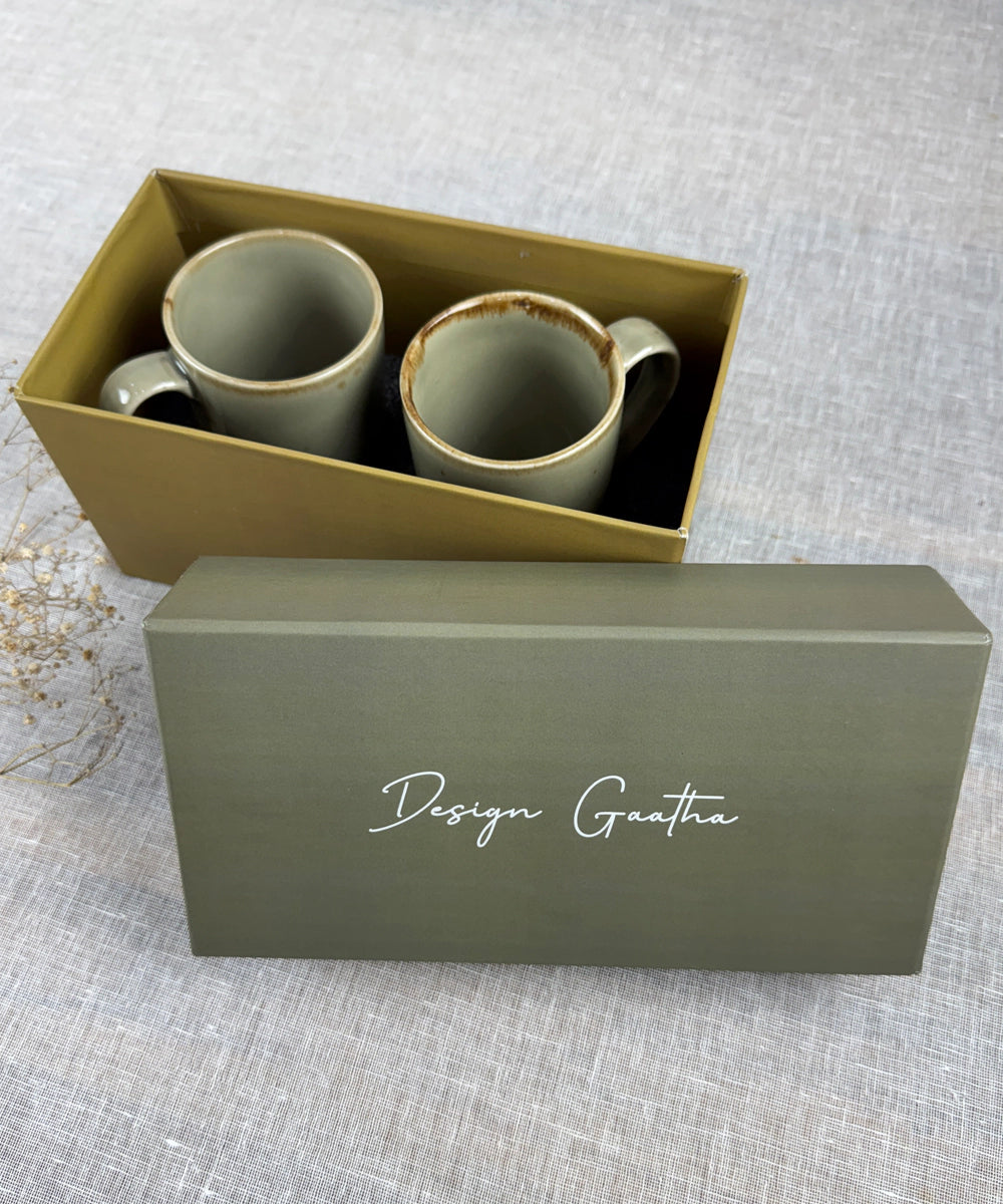 Gift Box Set of 2 Greenish Grey with Amber Tints Ceramic Coffee Mug (300 ml)