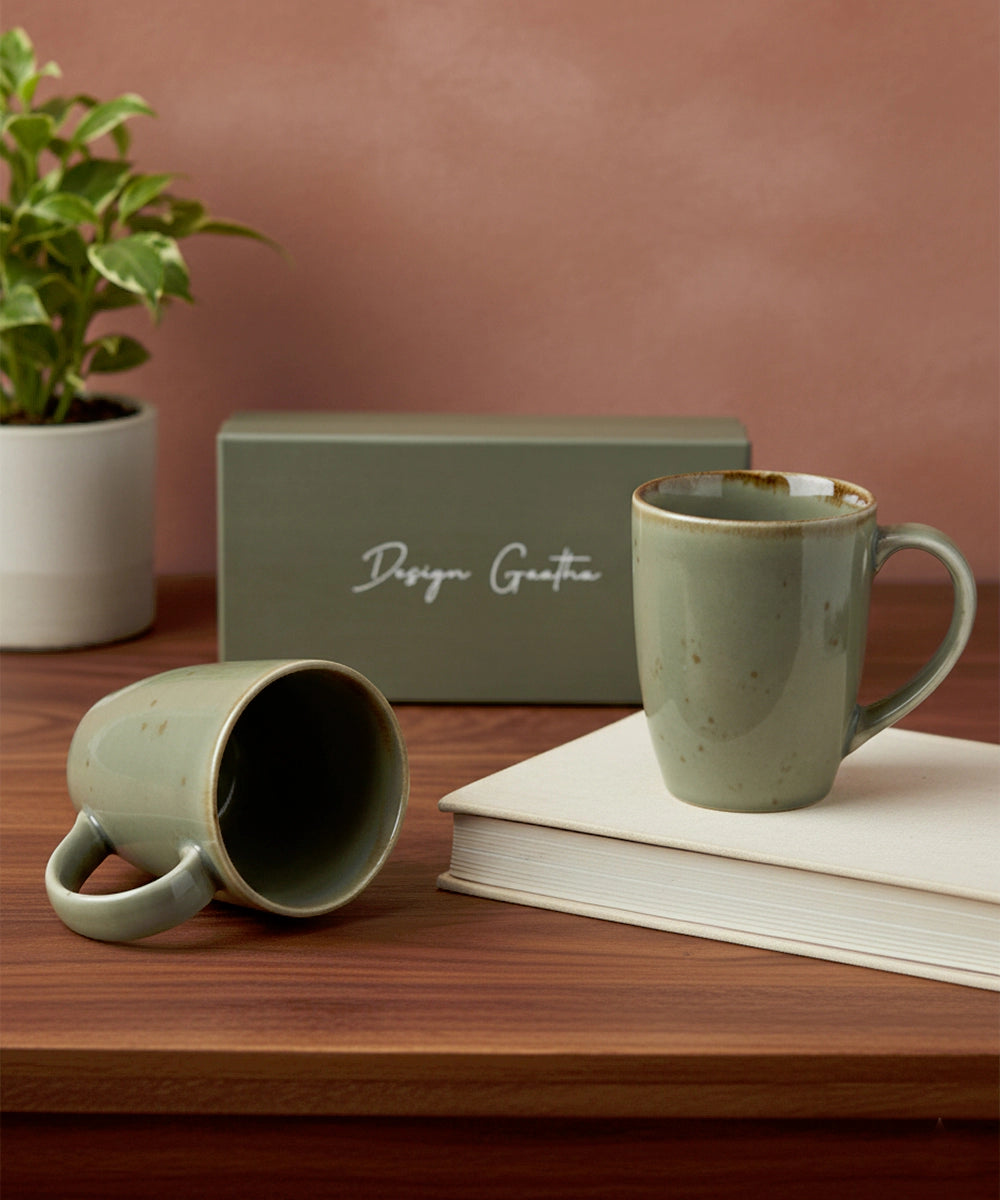Gift Box Set of 2 Greenish Grey with Amber Tints Ceramic Coffee Mug (300 ml)
