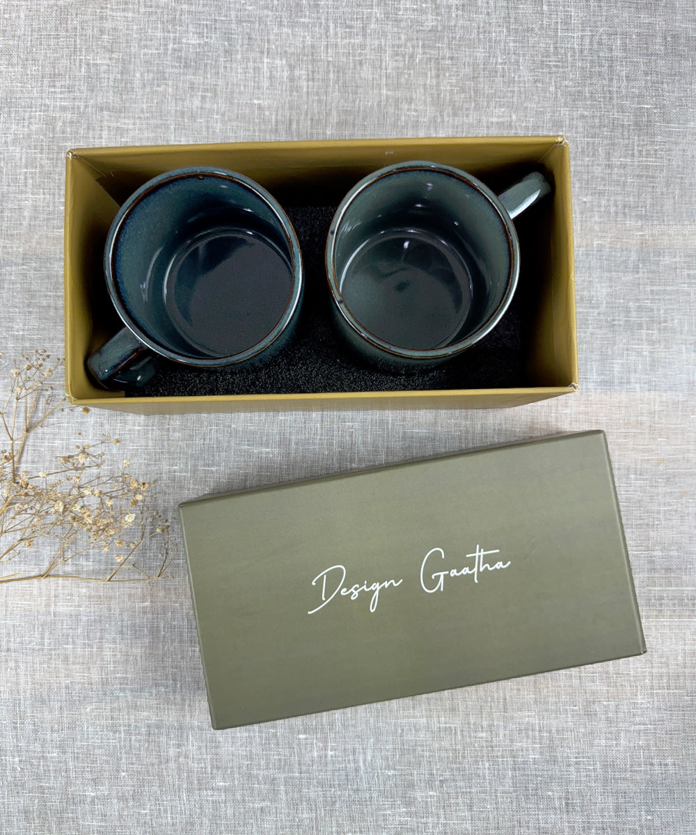 Gift Box Set of 2 Ocean Blue Stackable Ceramic Coffee Mug (300 ml)